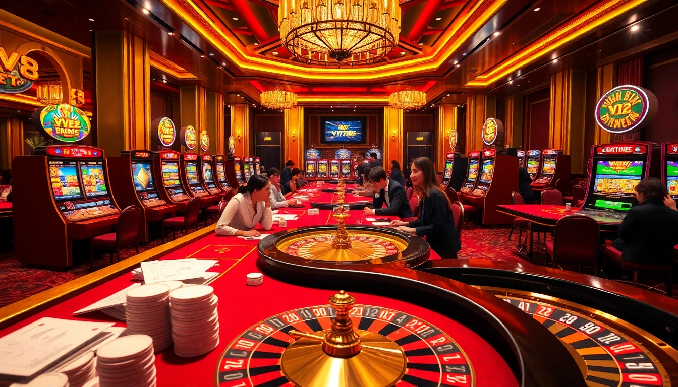 Experience thrilling gambling at VN789 with vibrant casino tables, excited players, and dynamic action.