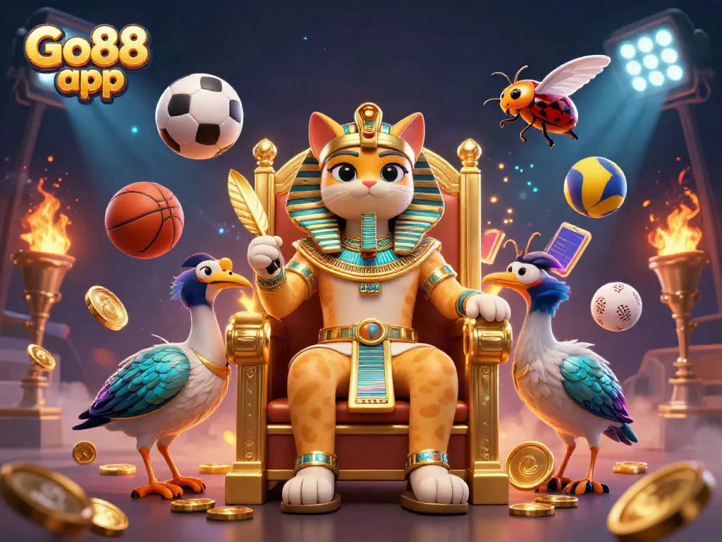 Engage with the Go88 app through an exciting 3D illustration featuring Egyptian-themed characters amidst dynamic casino elements.