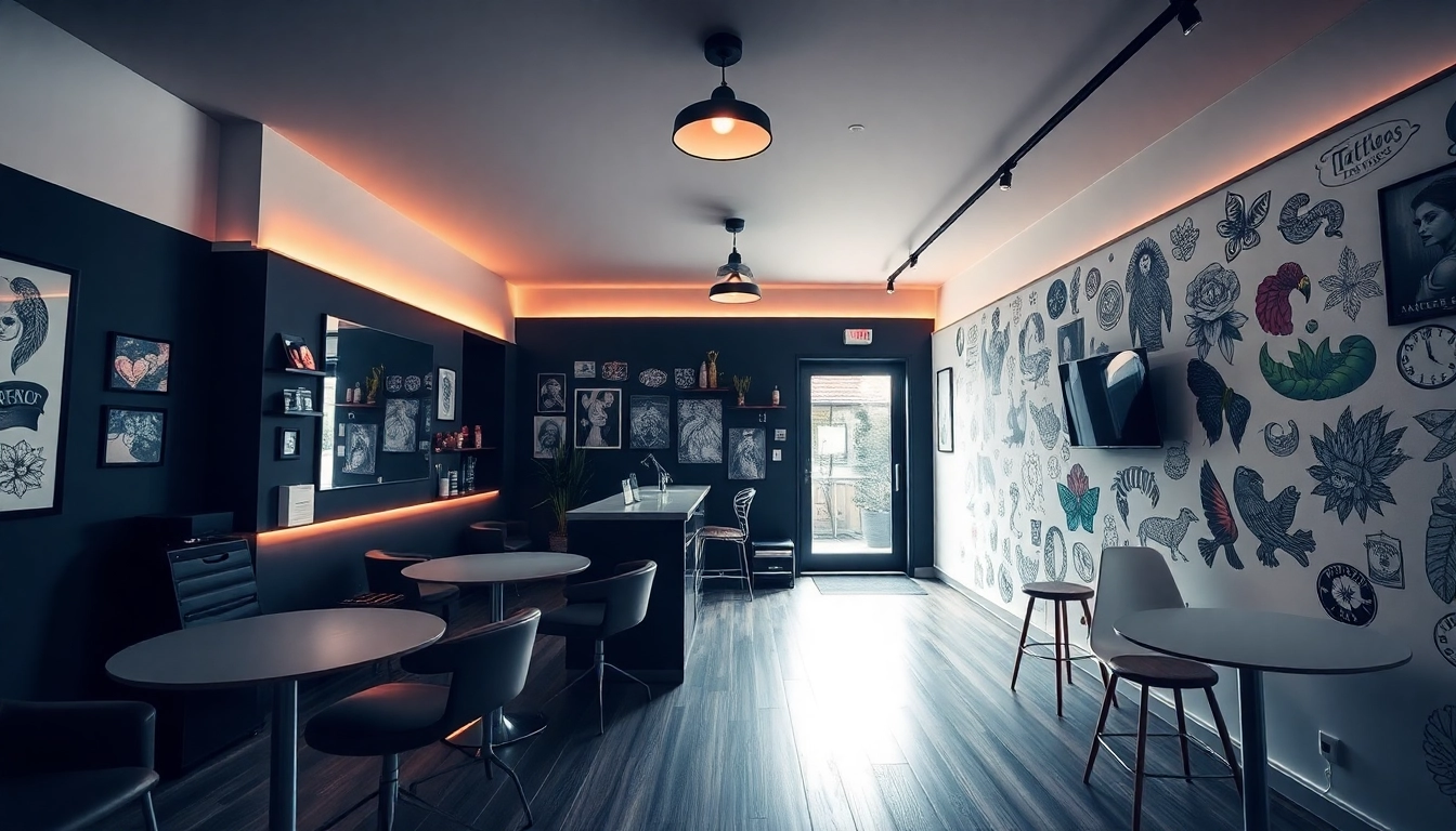 Tattoo Studio München: Einblick in ein stilvolles und einladendes Tattoo Studio mit bunten Kunstwerken an den Wänden.