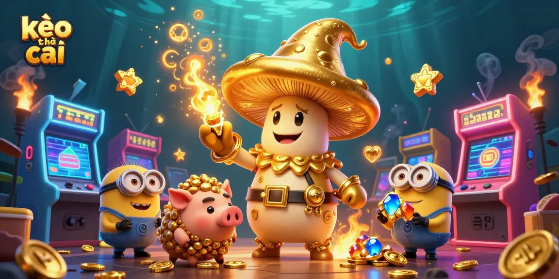 Experience the thrill of kèo nhà cái with a golden mushroom wizard and treasure-hunting pig in dynamic casino art.