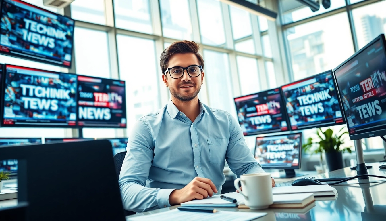 Technik News im Fokus: Technologie-Journalist in einem modernen Büro mit Bildschirmen.