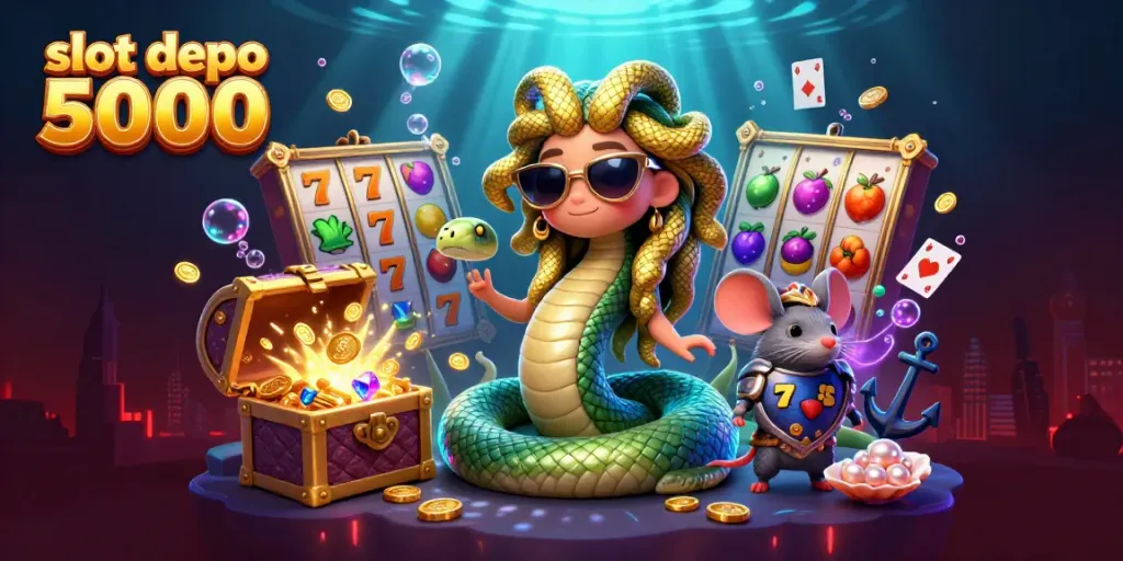 Engage with vibrant slot depo 5000 illustration featuring Medusa, golden treasures, and colorful casino symbols.