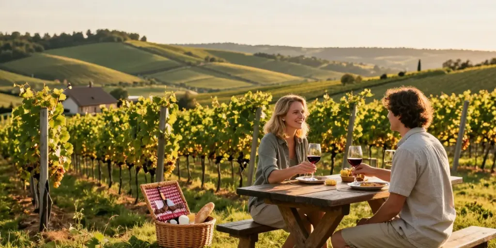 Mit Winzer entdecken im Hintergrund genießen zwei Freunde Wein auf einem malerischen Weingut.