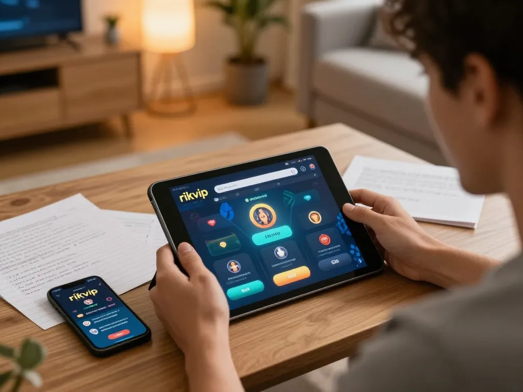 Engaging with the rikvip app while enjoying a home gaming session.