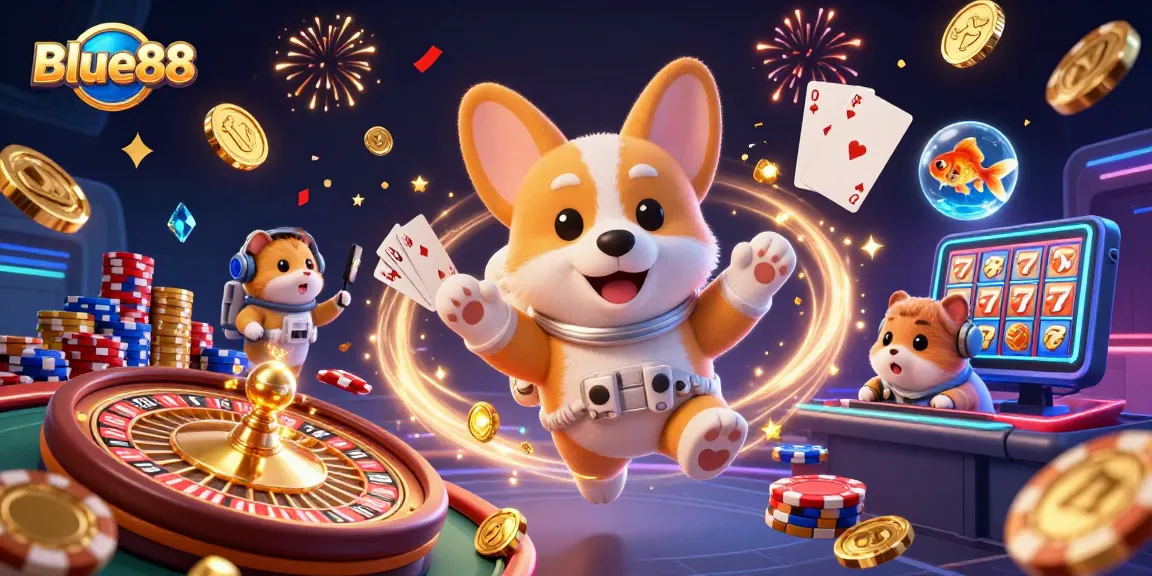 Experience the excitement of Blue88 casino with a floating casino scene filled with coins and animated characters.