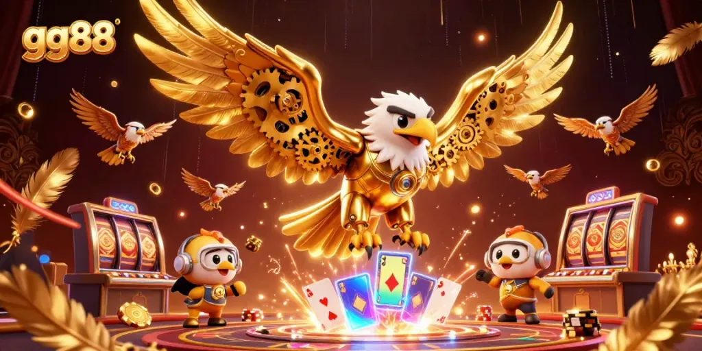 Experience thrilling gameplay with gg88, featuring a vibrant scene of a cybernetic eagle diving through cards and tokens.