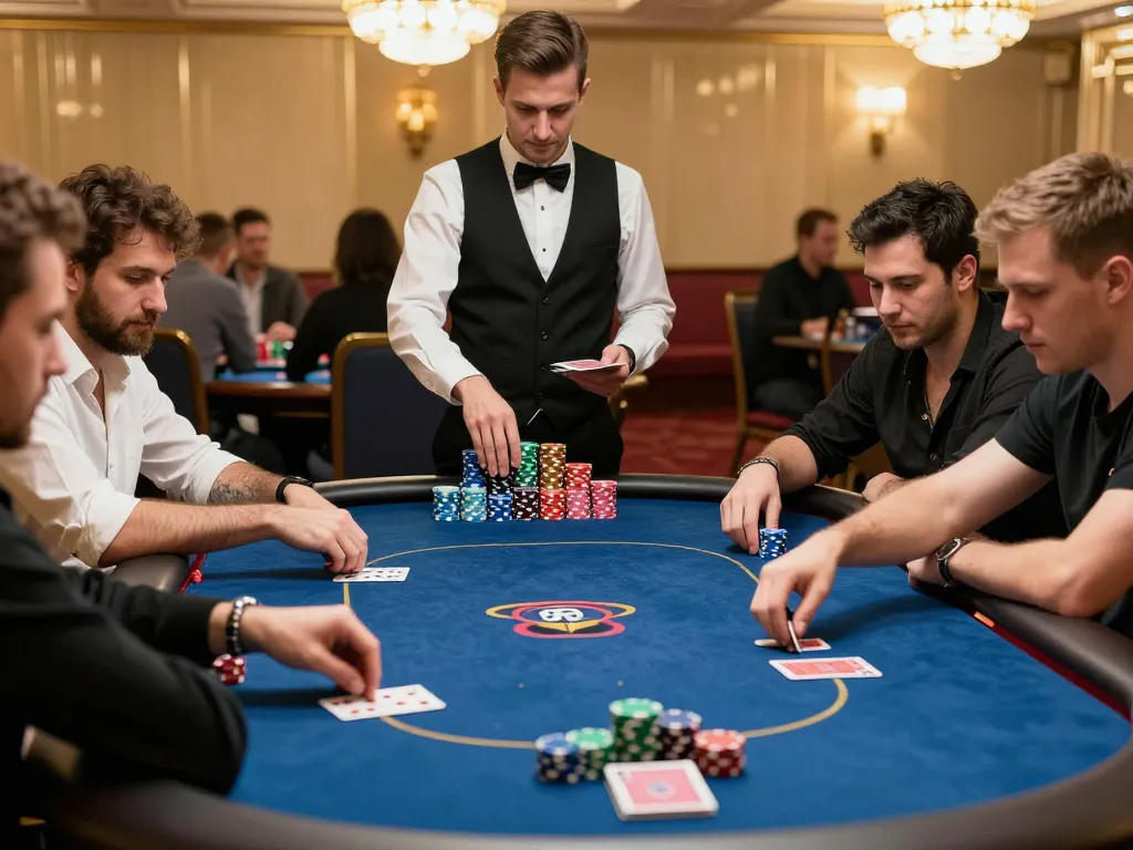 Experience high-stakes gameplay at soibet in a luxury casino, with intense poker action and colorful chips.