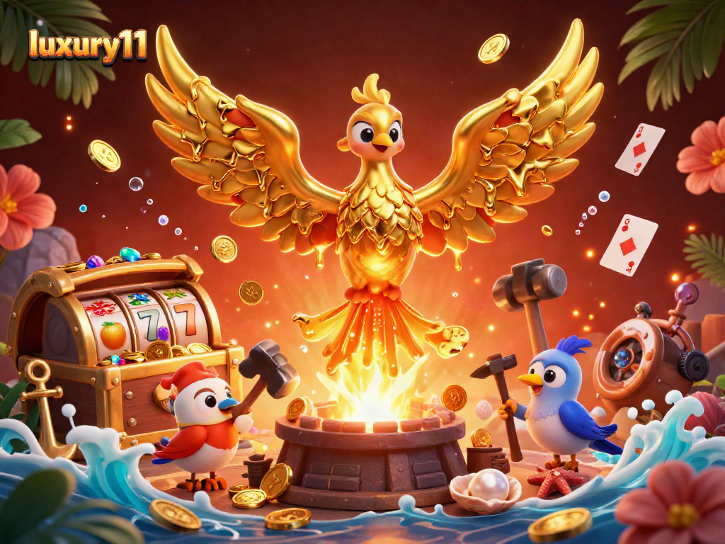 Watch luxury111 shine as a golden phoenix surrounded by vibrant casino treasures and dynamic elements.
