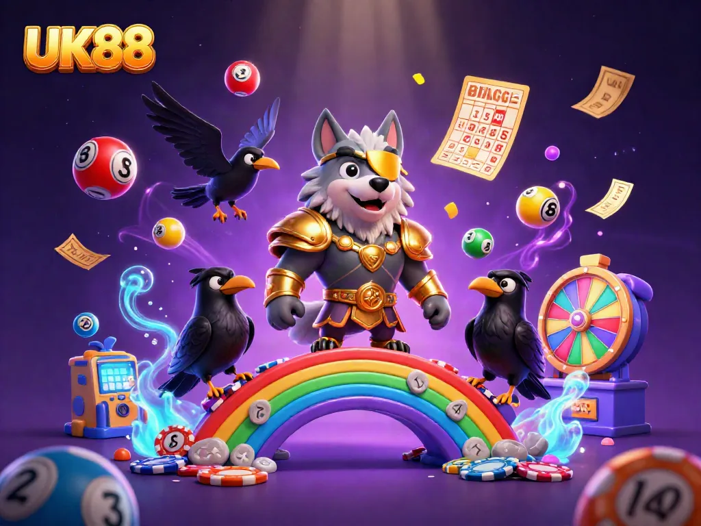 Engage with UK88, the thrilling online casino platform featuring Odin's wolf and vibrant lottery elements.