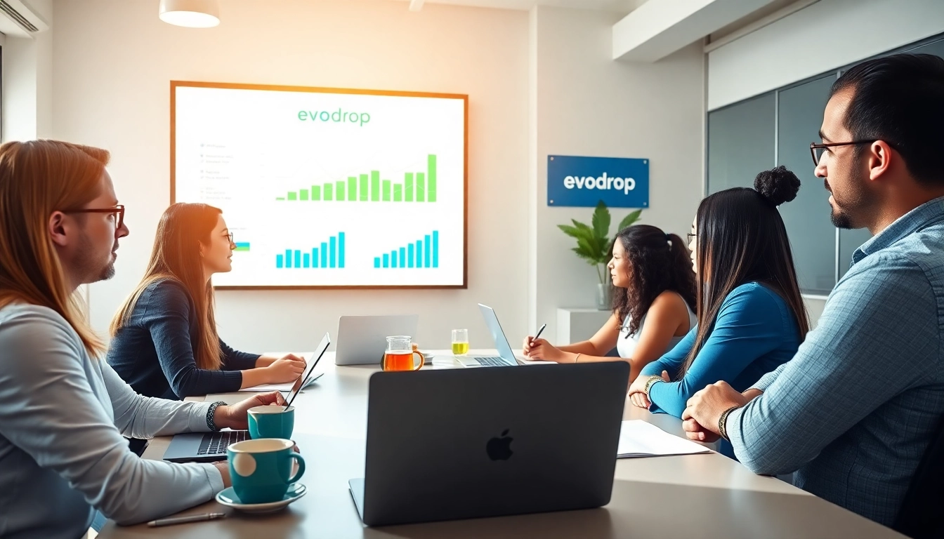 Evodrop zeigt eine digitale Marketingstrategie in einer modernen Bürroumgebung.