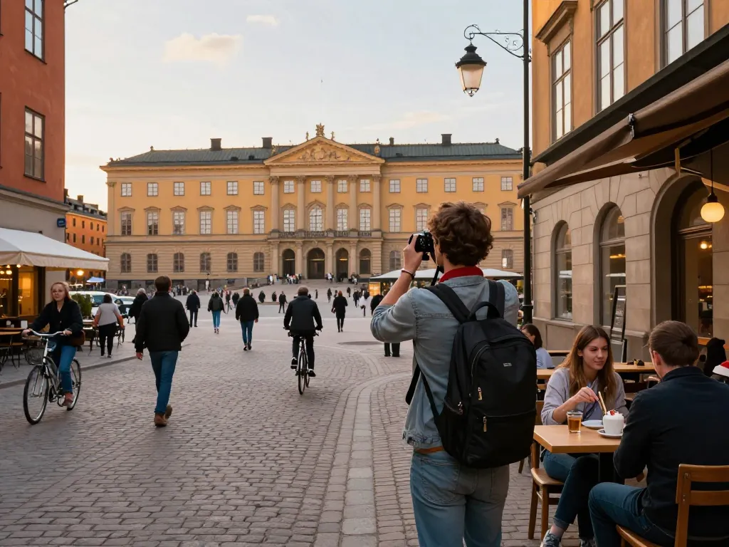 Fesselnde Reisetipps Stockholm-Szene mit einem Reisenden, der Momente in den lebhaften Straßen festhält.