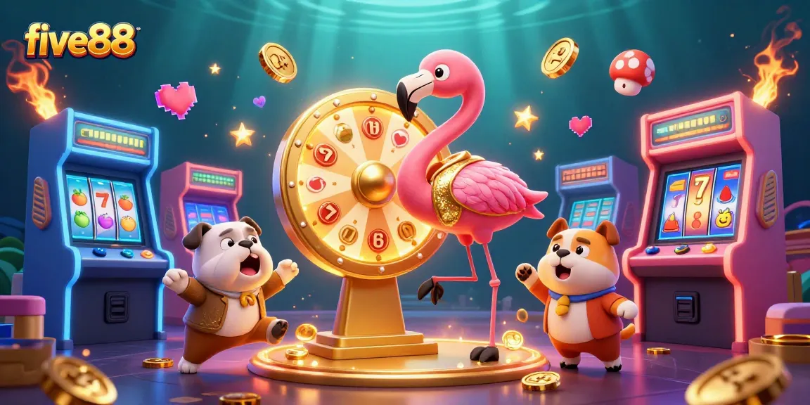 Spin the prizes at five88 with a lively game show scene in a vibrant casino atmosphere.