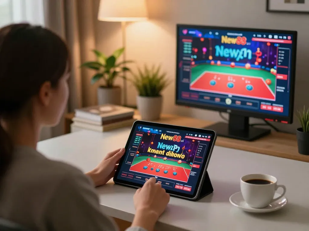 Playing poker on New88 com tablet in a cozy home environment with focused lighting