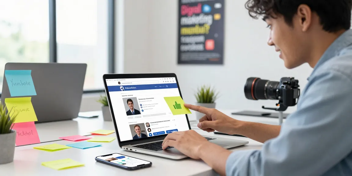 Facebook Likes kaufen: Junge Fachkraft interagiert begeistert mit Facebook-Seite und analysiert soziale Medien in modernem Arbeitsumfeld.