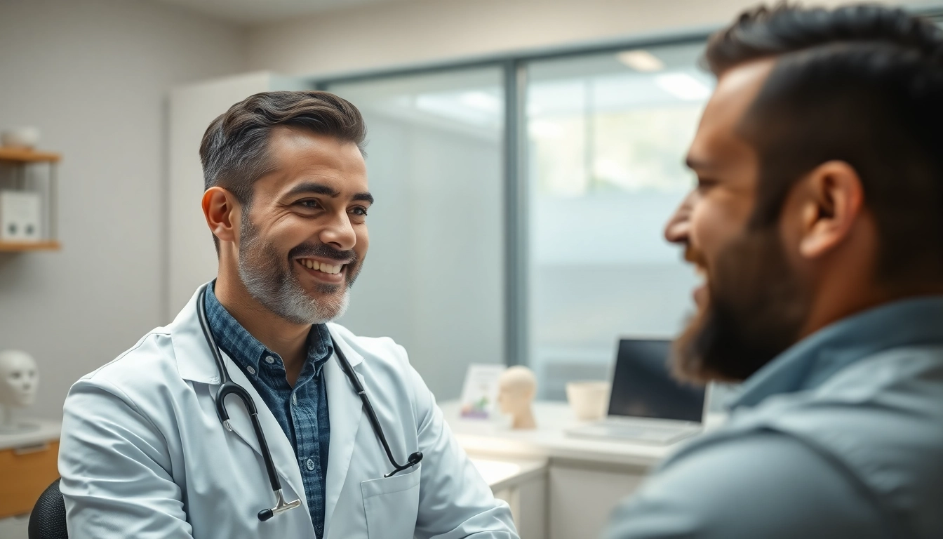 Erfahrene Haartransplantation Türkei Beratungsszene in einer modernen Klinik mit einem freundlichen Arzt.
