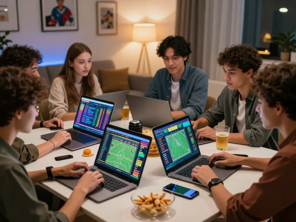 Exciting online debet betting scene with young adults engaged in sports predictions and strategies.