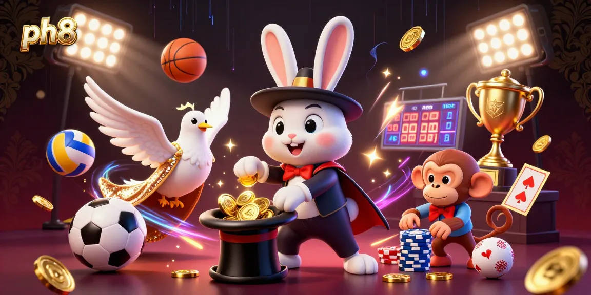 Experience the thrill of ph8 as the magician rabbit celebrates wins with golden coins, surrounded by lively sports elements.