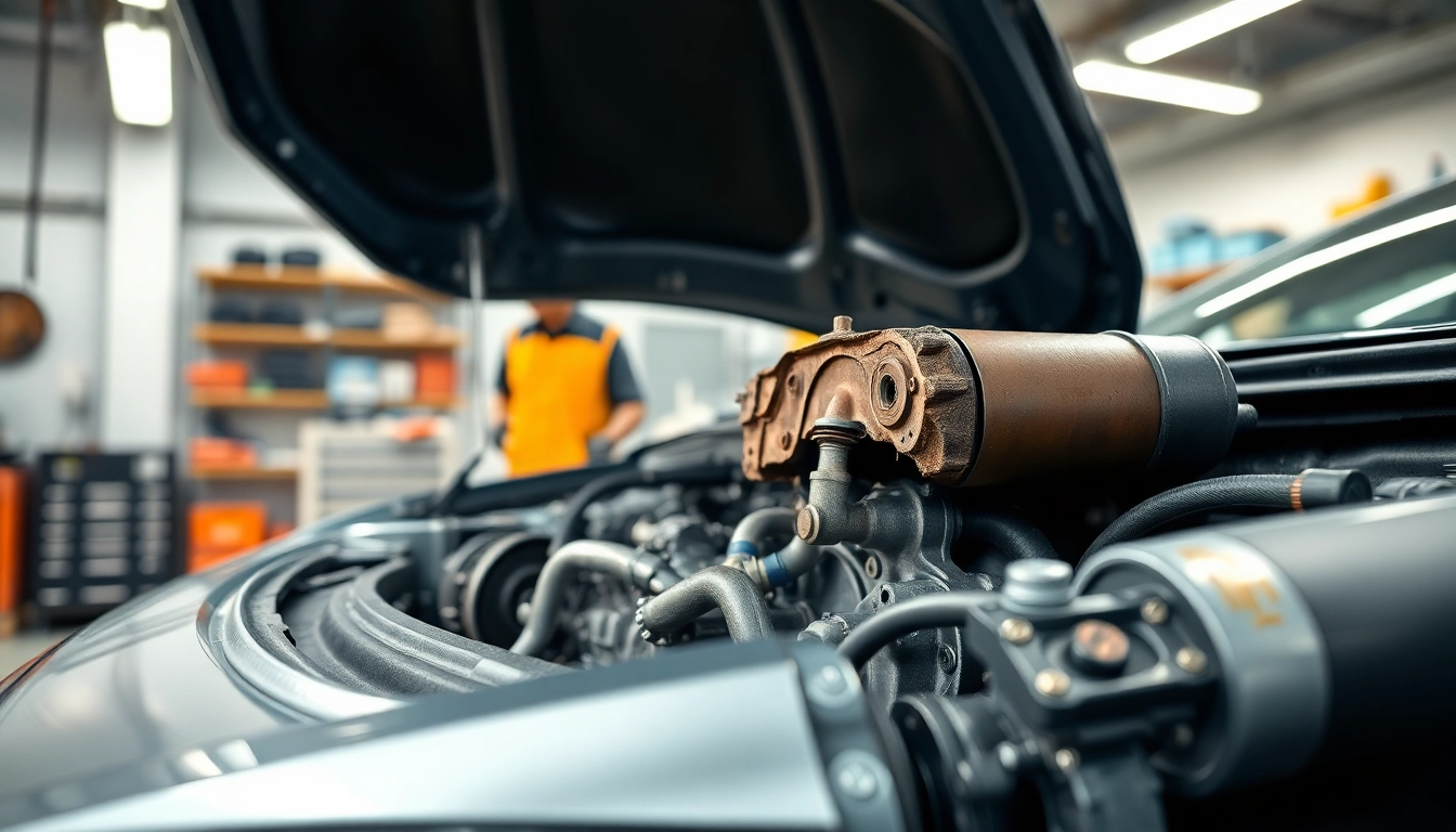 Motorschaden Ankauf: Besichtigen eines beschädigten Motorfahrzeugs in einer Werkstatt.