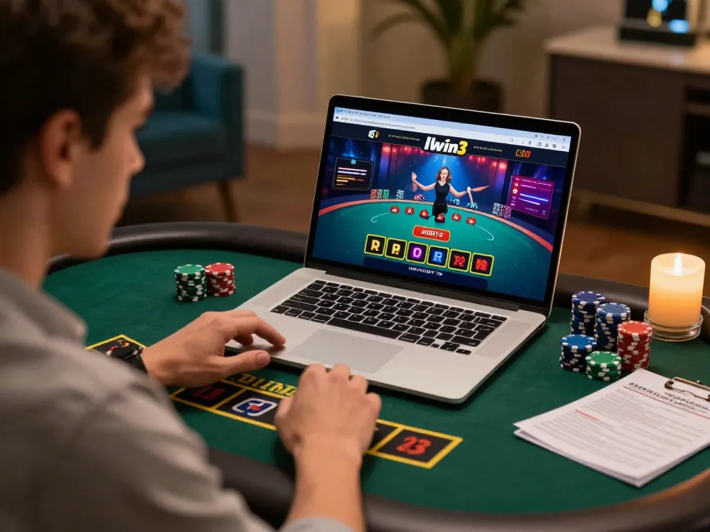 Player engaging in live blackjack on llwin3 platform with focused expression and strategic setup.