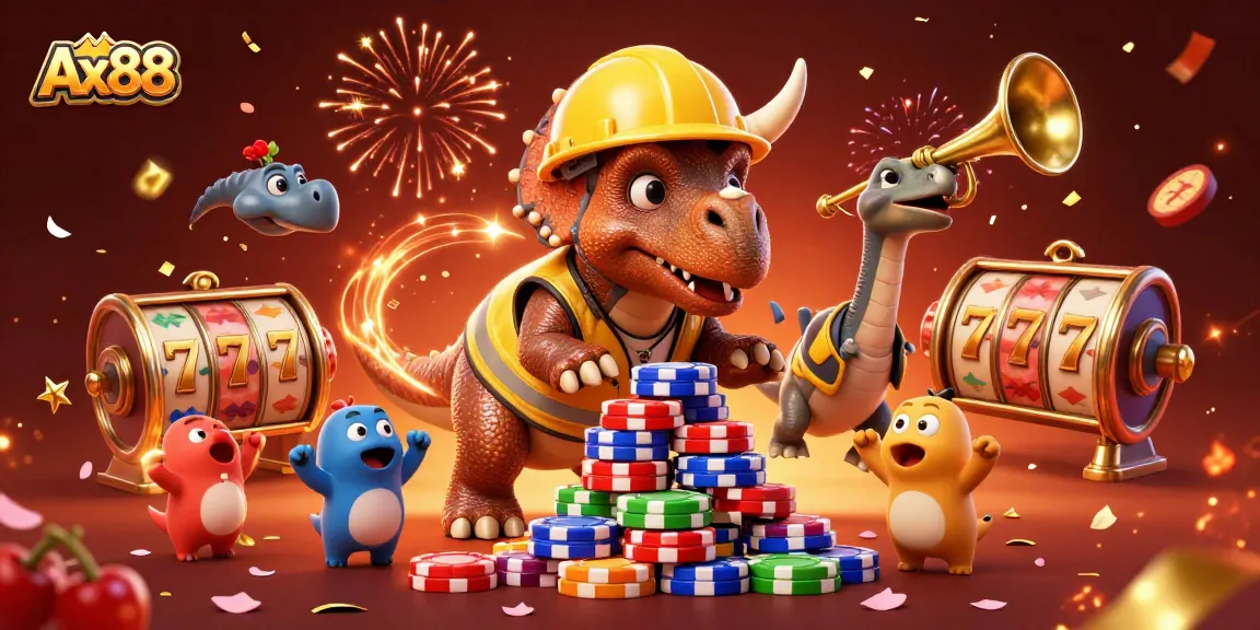 Spin the reels at Ax88, where triceratops build chip pyramids amid festive celebrations.