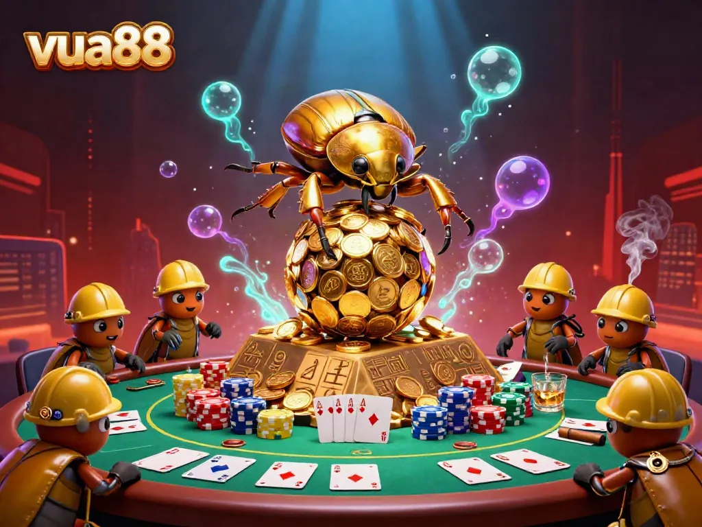 Engage in the vibrant world of vua88 with a 3D beetle theme illustration showcasing casino elements.