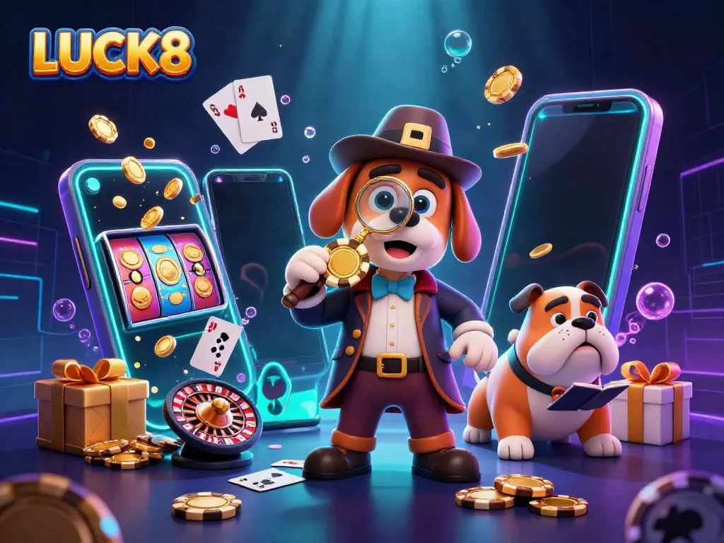 LUCK8 casino illustration featuring playful characters, poker chips, and vibrant slot games