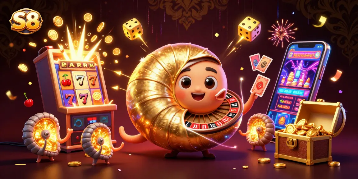 S8 captivates players with a colorful jackpot explosion and casino-themed characters in an engaging digital illustration.