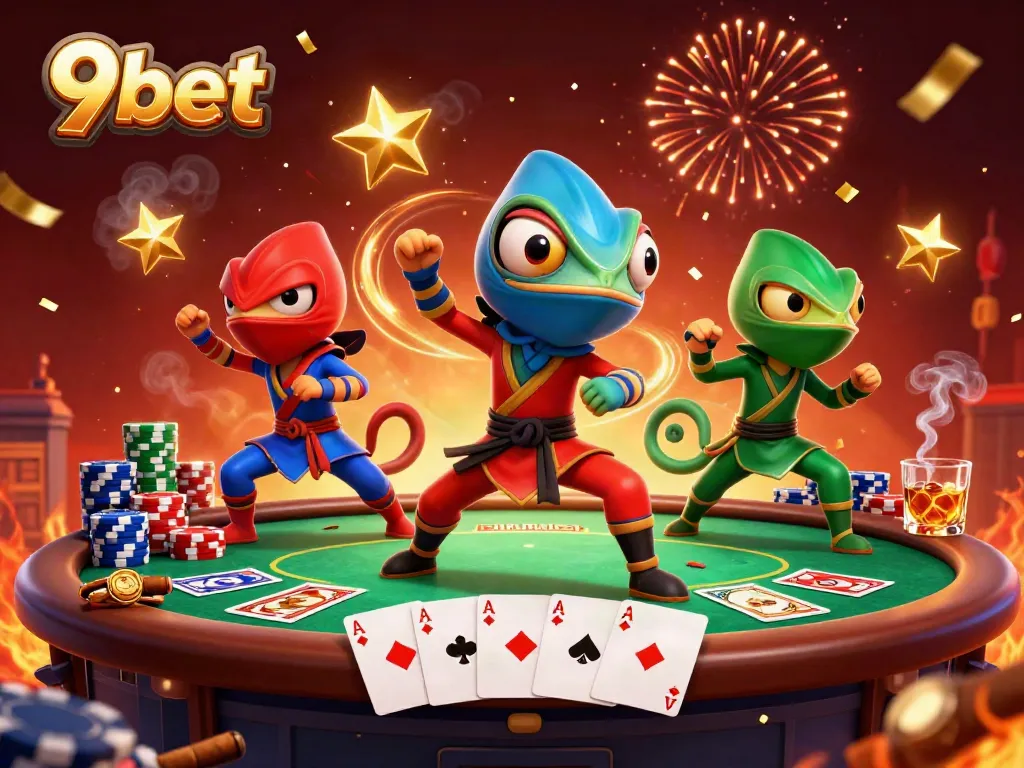 Experience the thrilling action at 9bet with colorful ninja chameleons in a vibrant casino scene.