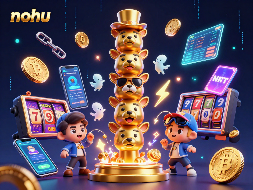 Nohu reveals exciting casino adventures with a vibrant totem and lively 3D crypto elements.