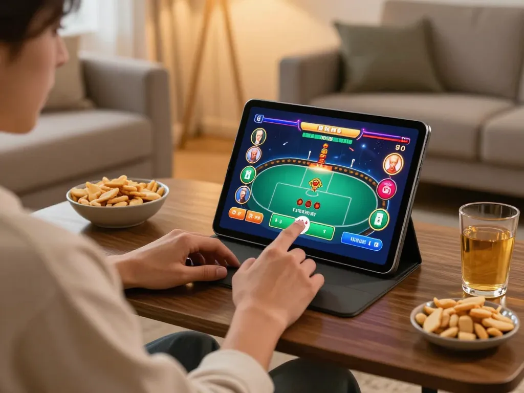 Engaging in online gaming on the Trang chủ GG88 platform with a cozy setup, showcasing a person's hand on tablet.