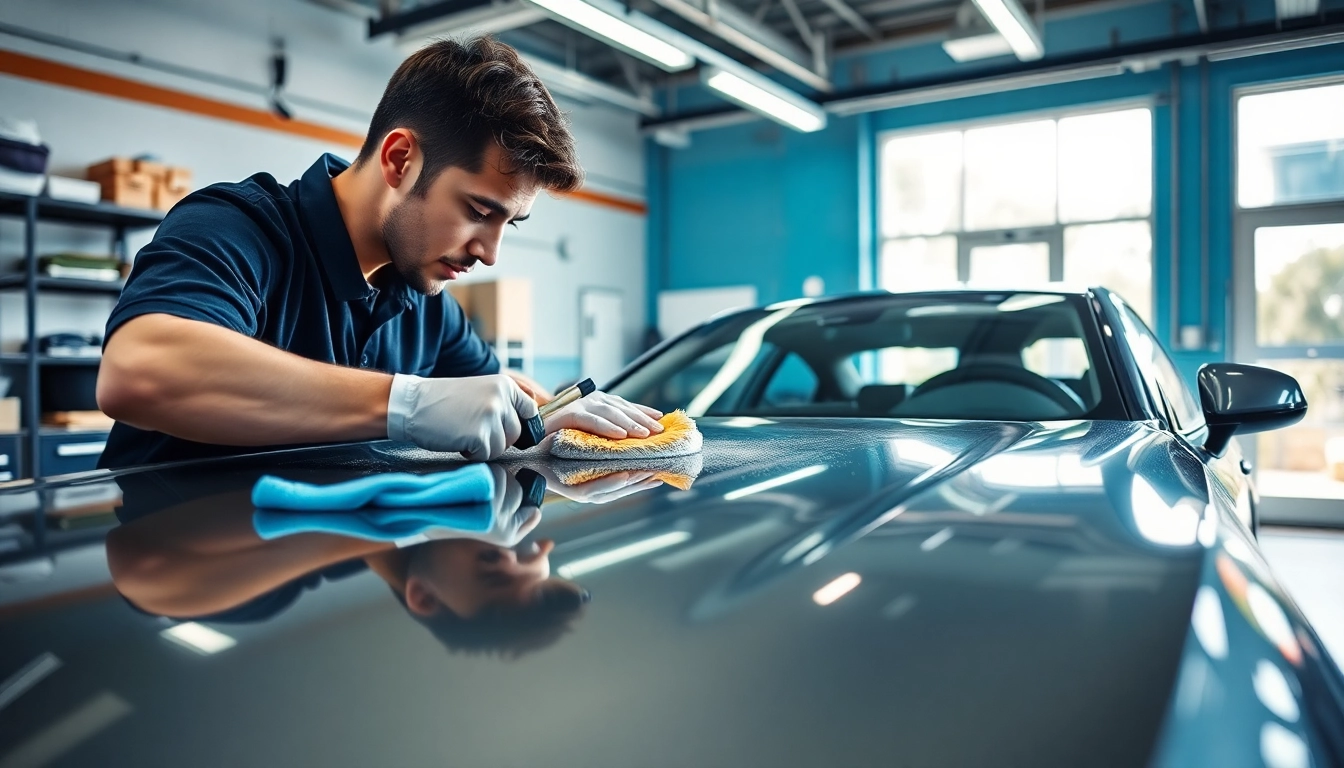 Fahrzeugaufbereiter reinigt sorgfältig ein Auto in professioneller Umgebung.