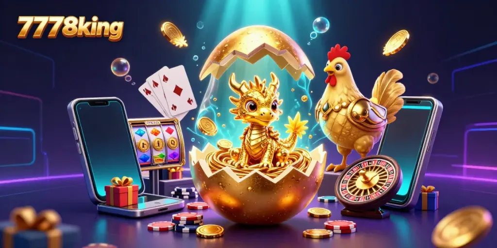 Experience thrilling wins with 7778king's vibrant golden characters and casino elements in this dynamic illustration.
