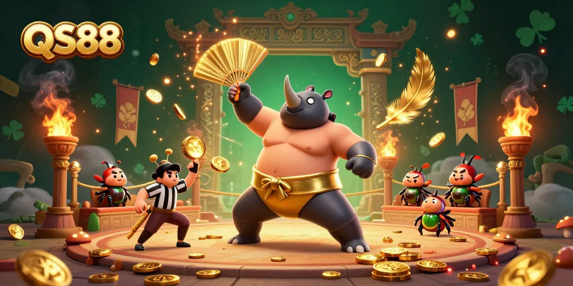 QS88 casino scene featuring a powerful sumo beetle amidst flying coins in a vibrant atmosphere.
