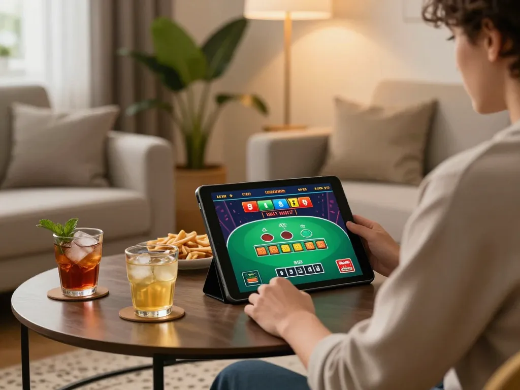 Engaging with nhà cái LLwin on a tablet, showcasing a live dealer game in a cozy home setting.