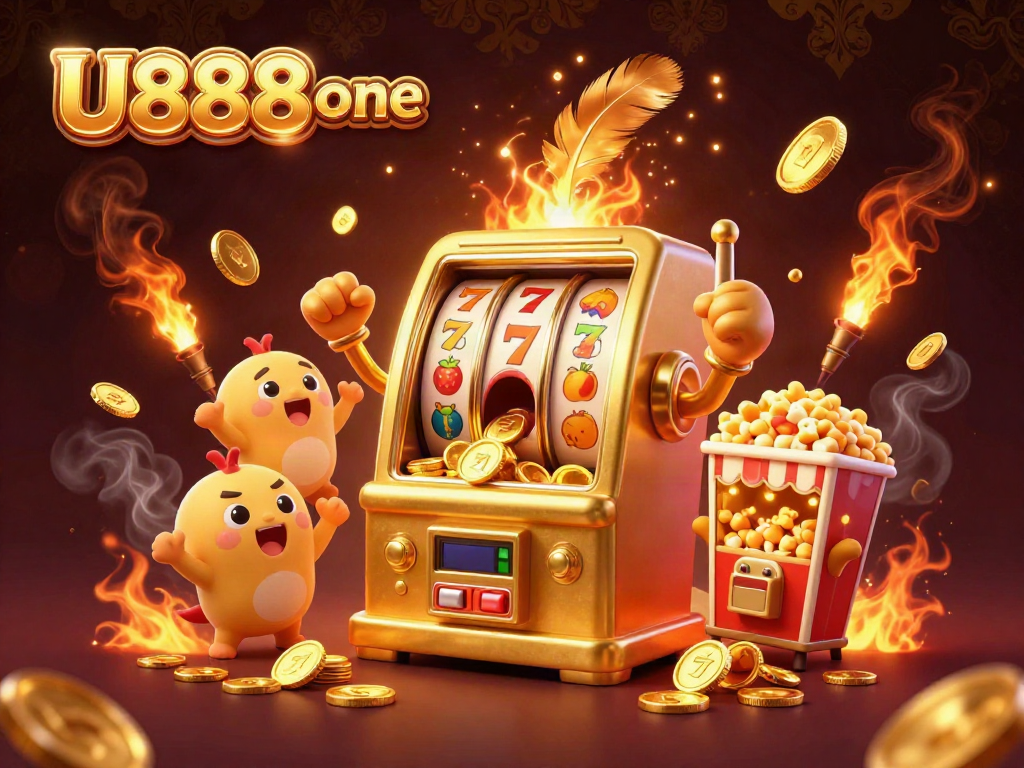 Experience the excitement of U888 one with a 3D golden slot machine celebrating its jackpot amidst vibrant game elements.