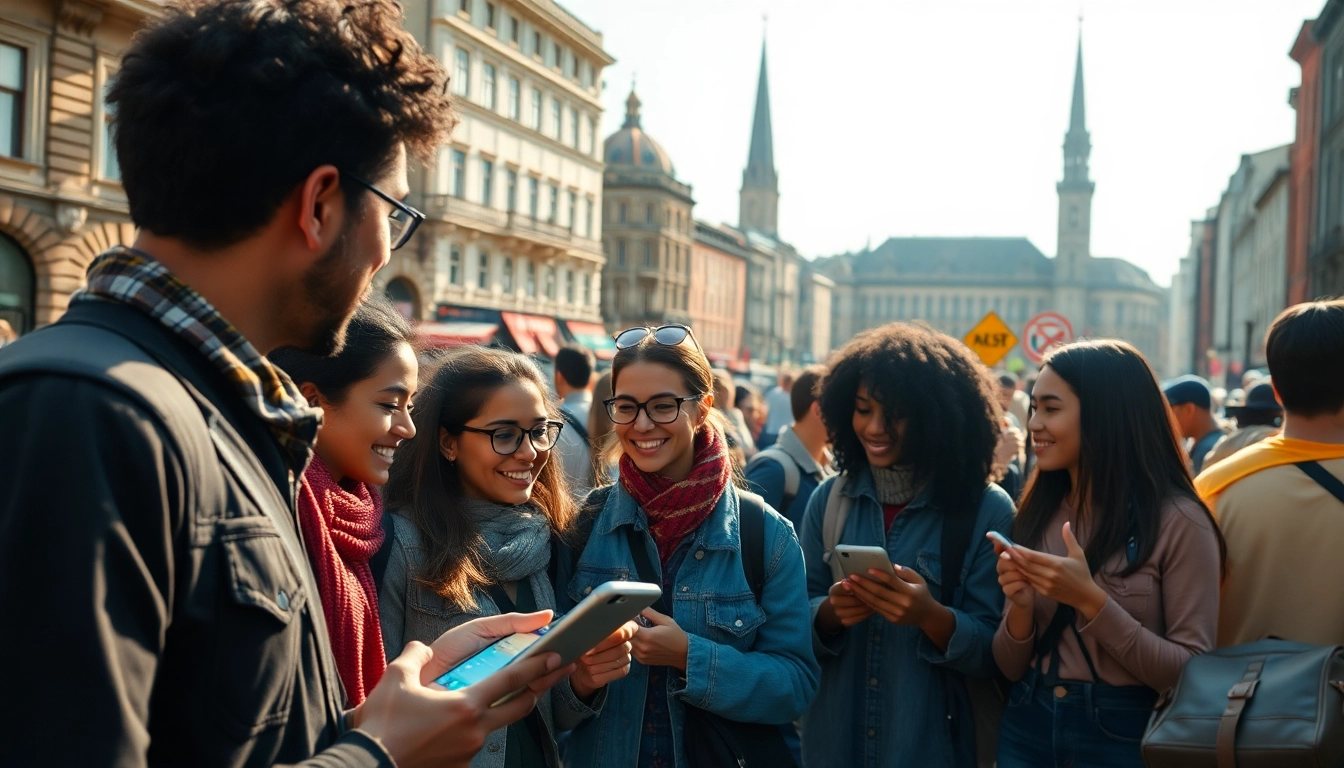 Interaktive Nutzung der Reise-Community-App von Reisenden in einer belebten Stadt.