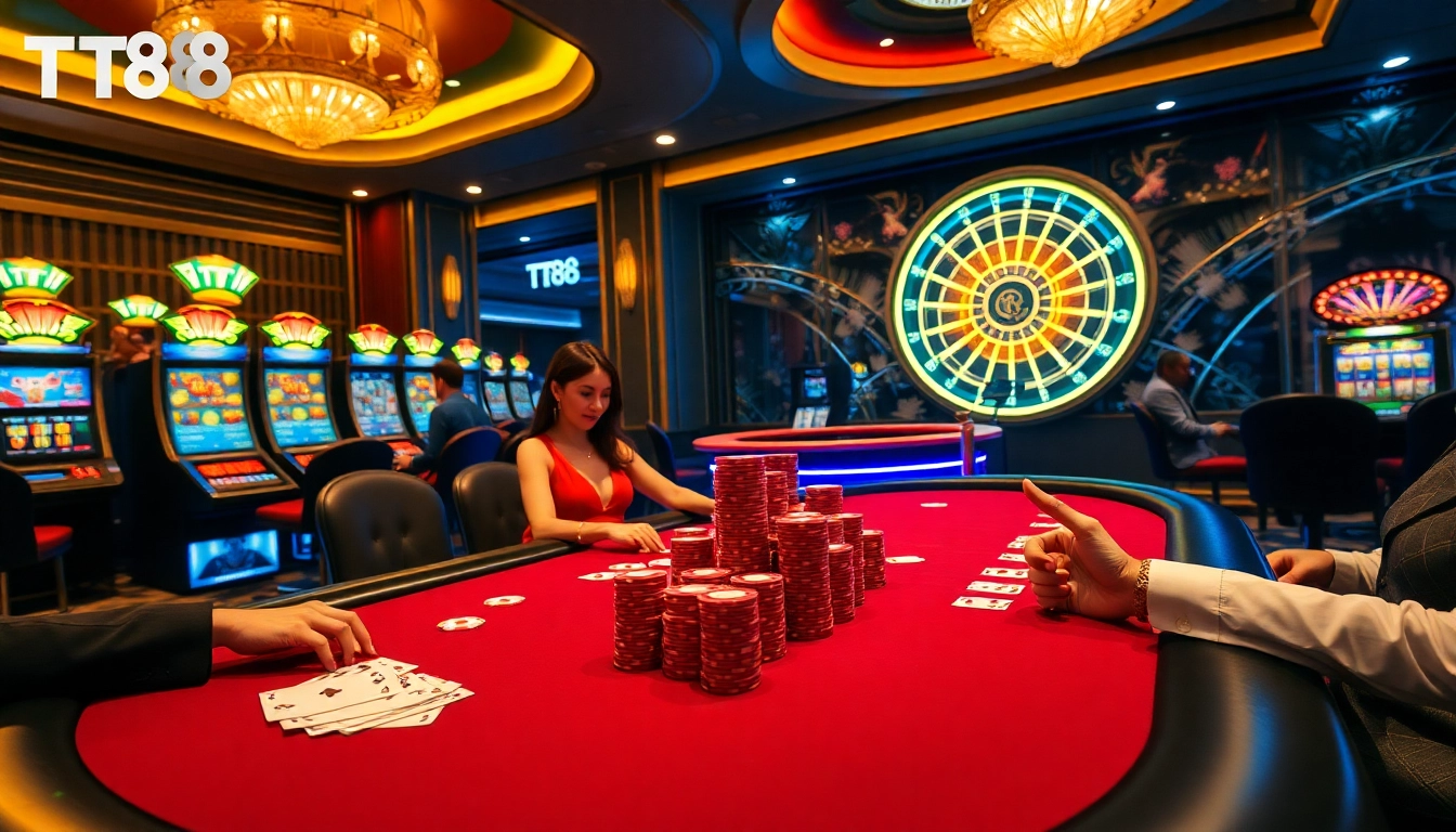 Excited gamblers at a TT88 casino table, surrounded by vibrant slot machines and a roulette wheel.