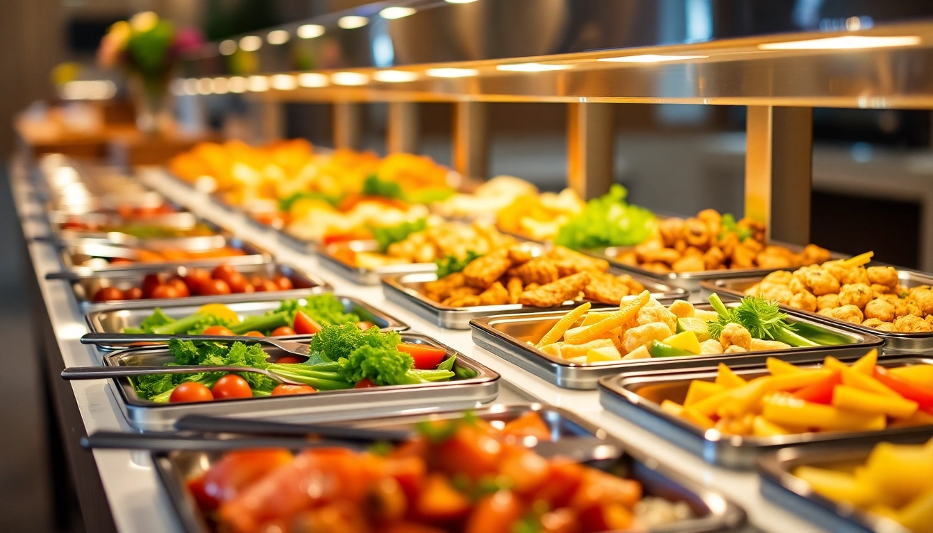 Catering Buffet mit frischen und saisonalen Speisen, stimmungsvoll präsentiert für eine Veranstaltung.