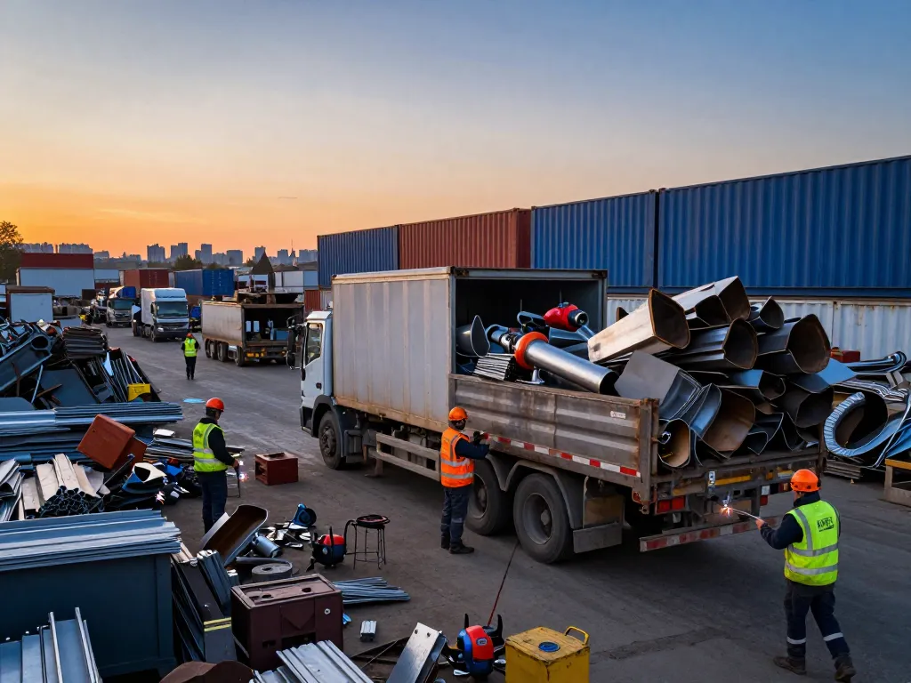 Szene des Schrottankaufs mit Arbeitern in Sicherheitskleidung, die Metalle in einen Lkw laden, und das geschäftige Treiben im Schrottplatz zeigen.