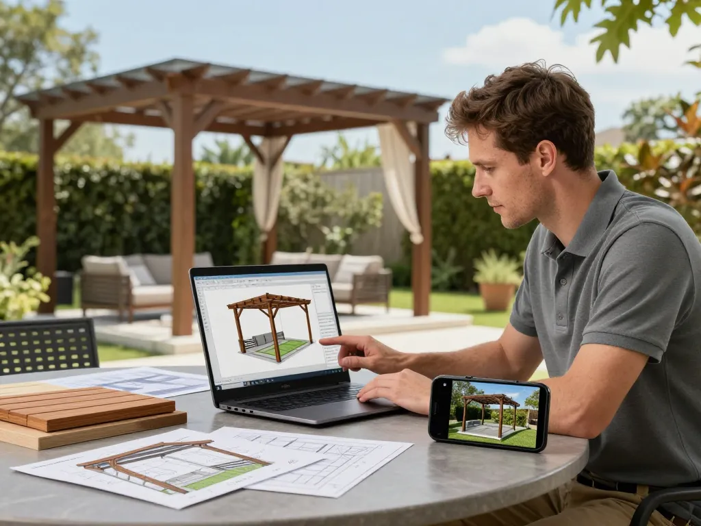 Software für Pergola-Installateure, die in einer lebhaften Außenszene gezeigt wird, mit einem Fachmann, der ein 3D-Pergoladesign konfiguriert.