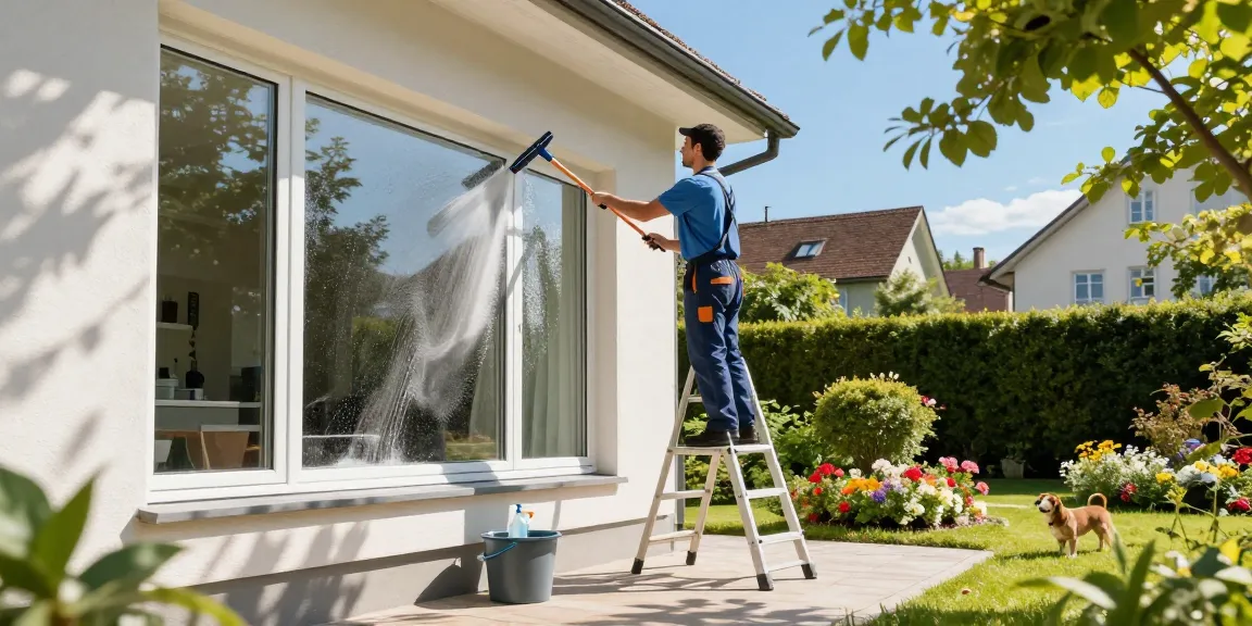 Professional window cleaning in Solothurn with large, sparkling windows and a cheerful cleaner.