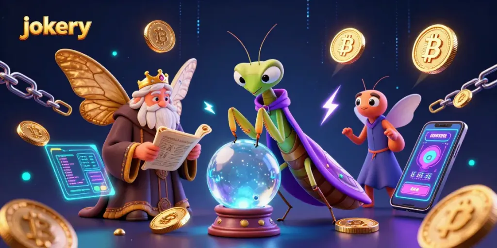 Explore jokery-themed fortune telling in this vibrant 3D digital casino scene full of crypto elements.