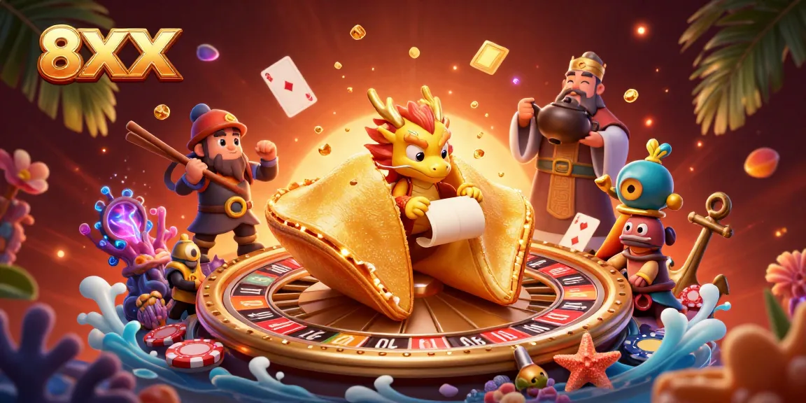 Bettors enjoying a vibrant 8XX casino experience with a golden fortune cookie and dynamic game elements.