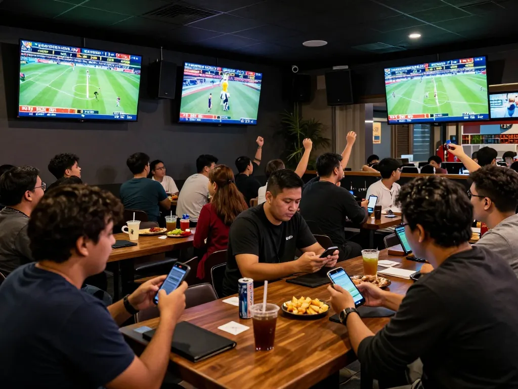 Fans engaging with tỷ lệ kèo nhà cái hôm nay in a lively sports betting atmosphere.