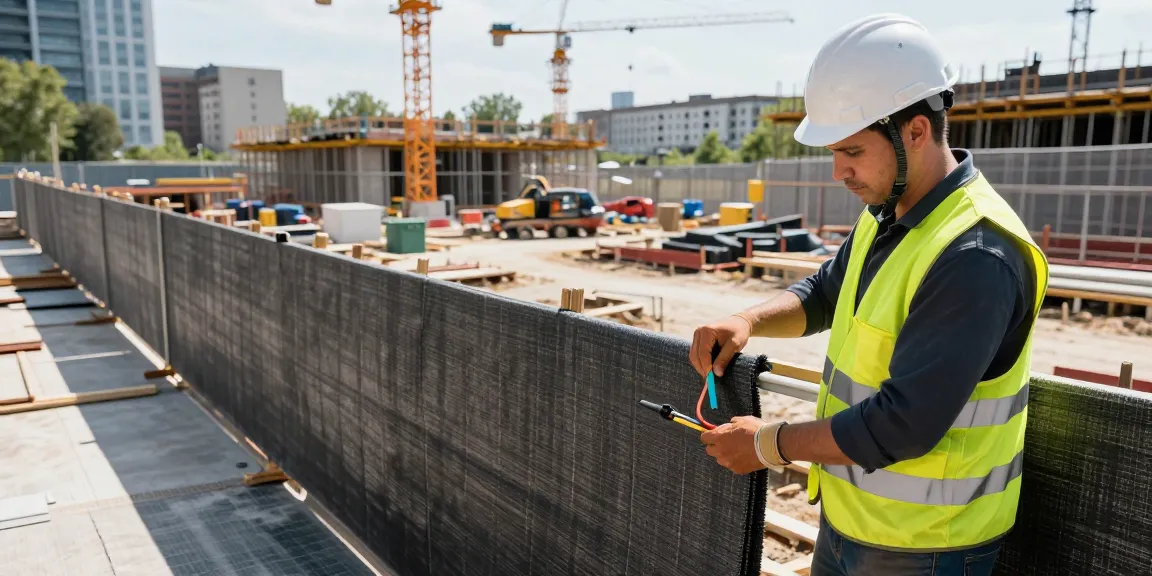 Bauzaun Lärmschutz bundesweit mieten: Professionelle Installation von Lärmschutzmatten auf einem Bauzaun zur Reduzierung von Baulärm.