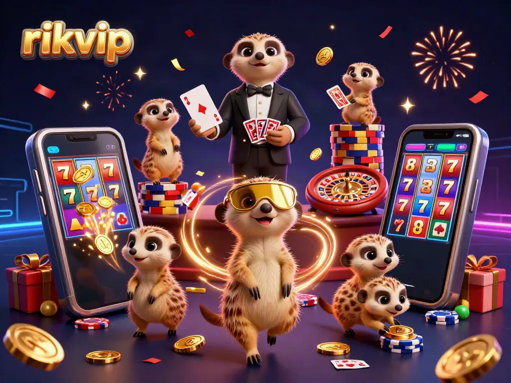Experience the exciting casino ambiance at rikvip, depicted by meerkats engaging in vibrant gaming activities.