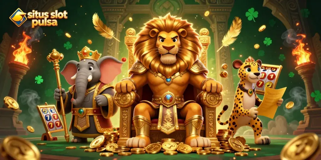 Experience the excitement of situs slot pulsa with iconic characters in a dynamic casino scene.