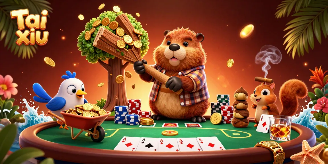 Experience Tai xiu excitement as the lumberjack beaver collects golden coins amidst vibrant casino elements.