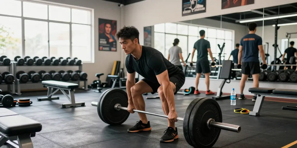 Utinon Steroids Shop: Athlet beim Krafttraining mit Gewichten in modernem Fitnessstudio.