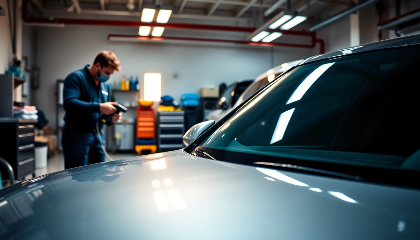 Fahrzeugaufbereitung in action: luxury car being professionally detailed in a bright garage.